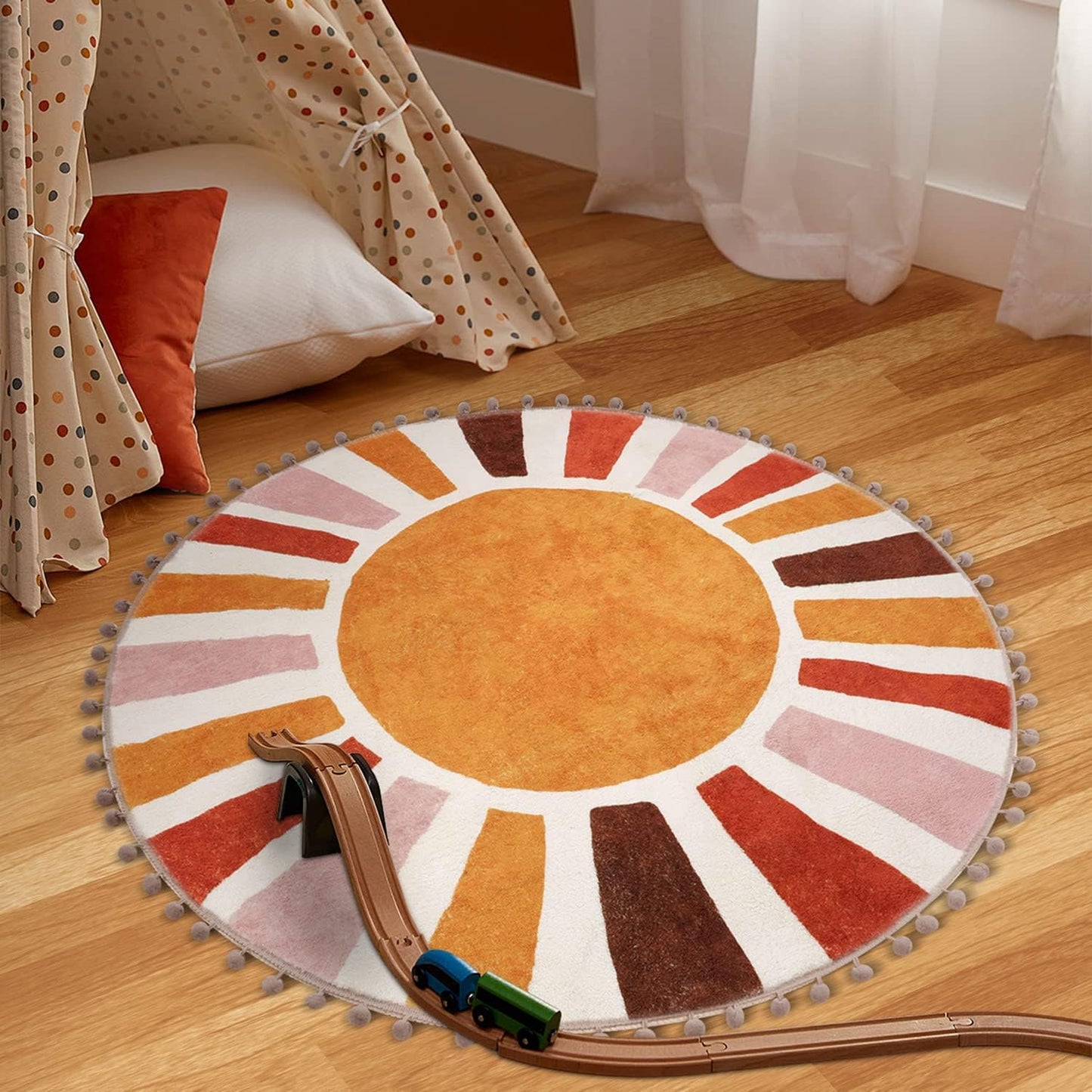 Retro Sun round Rug 90Cm, Non Slip Area Rugs for Bedroom Soft Machine Washable Rugs Living Room Indoor Door Mat with Pom Poms Fringe Circle Entryway Rug for Bedroom Living Dining Room