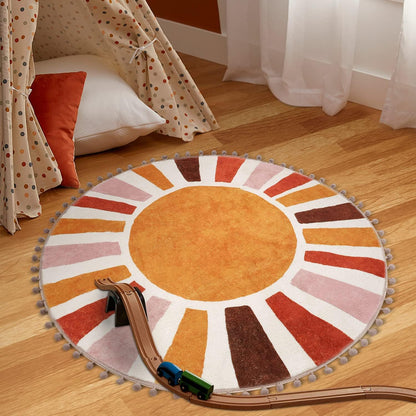 Retro Sun round Rug 90Cm, Non Slip Area Rugs for Bedroom Soft Machine Washable Rugs Living Room Indoor Door Mat with Pom Poms Fringe Circle Entryway Rug for Bedroom Living Dining Room