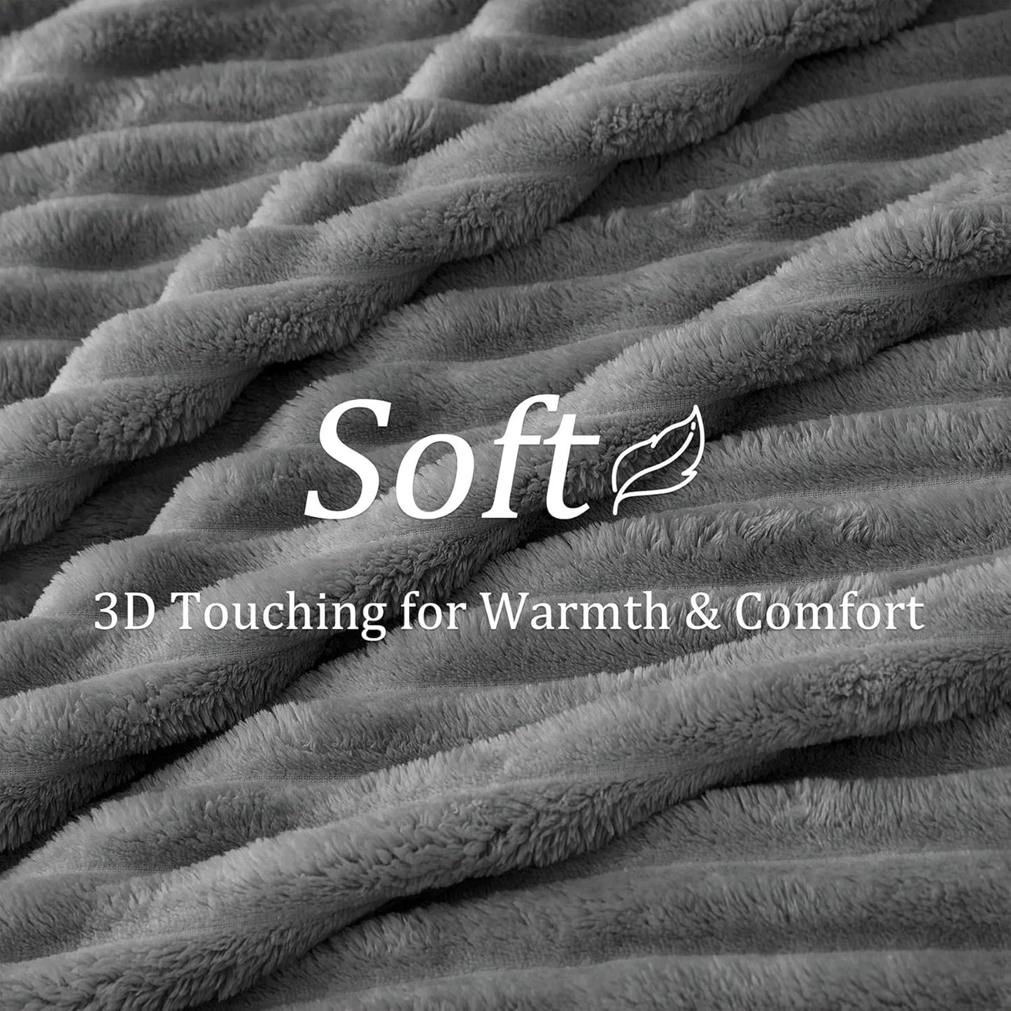 Fluffy Fleece Throw Blanket, Striped Decorative Soft Warm Gift for Sofa Bed Couch, Twin Size, Grey