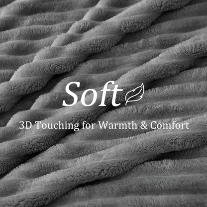 Fluffy Fleece Throw Blanket, Striped Decorative Soft Warm Gift for Sofa Bed Couch, Twin Size, Grey