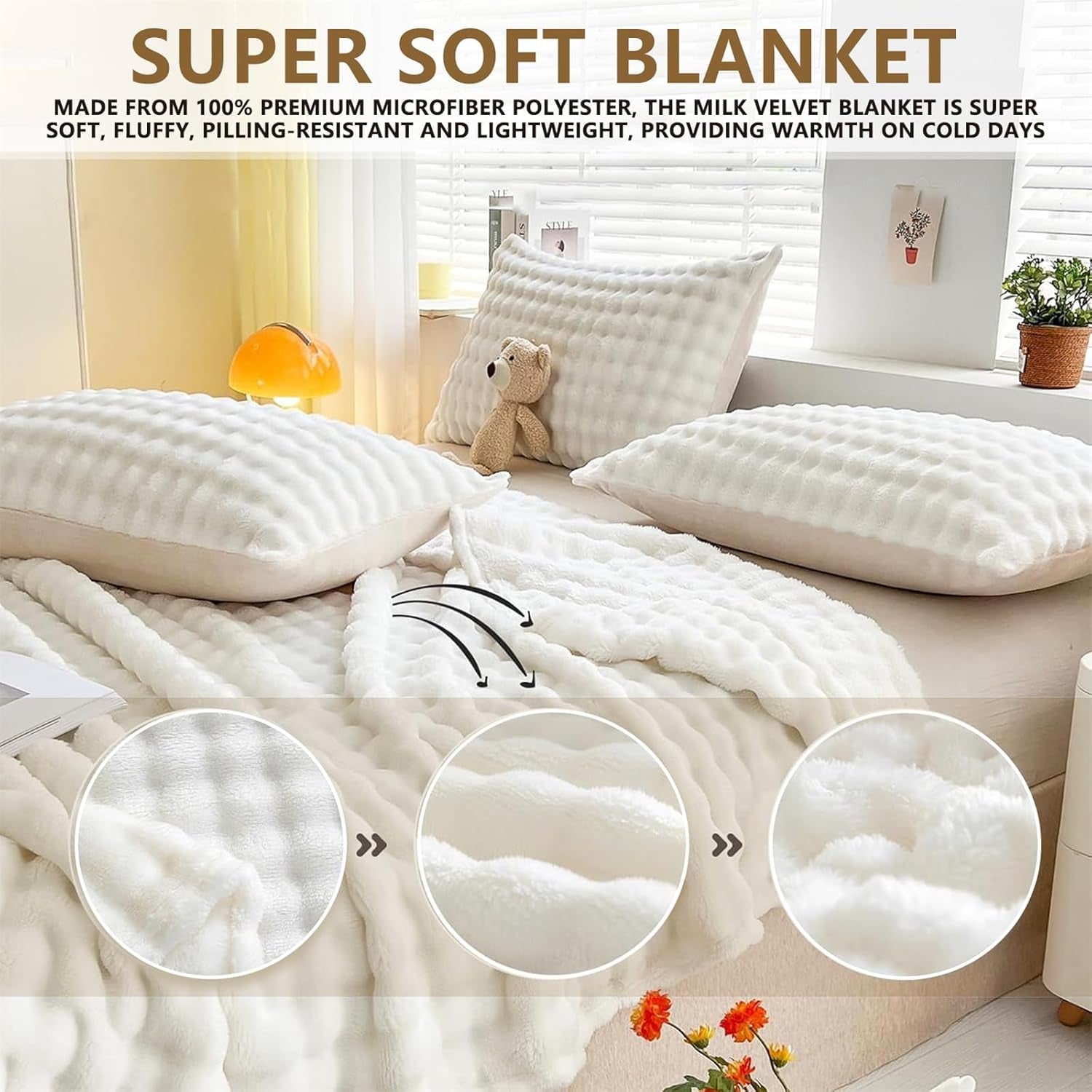 Fleece Throw Blanket White Bubble Faux Fur Fluffy Bed Blanket Super Cosy Warm Large Blanket for Bed Sofa Couch Home Decor, 100X160Cm