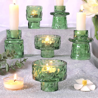 6 Packs Taper Candle Holders, Green Glass Candlestick Holders, Candle Sticks Tea Light Candle Holders for Dinner Wedding Christmas Table Centrepiece