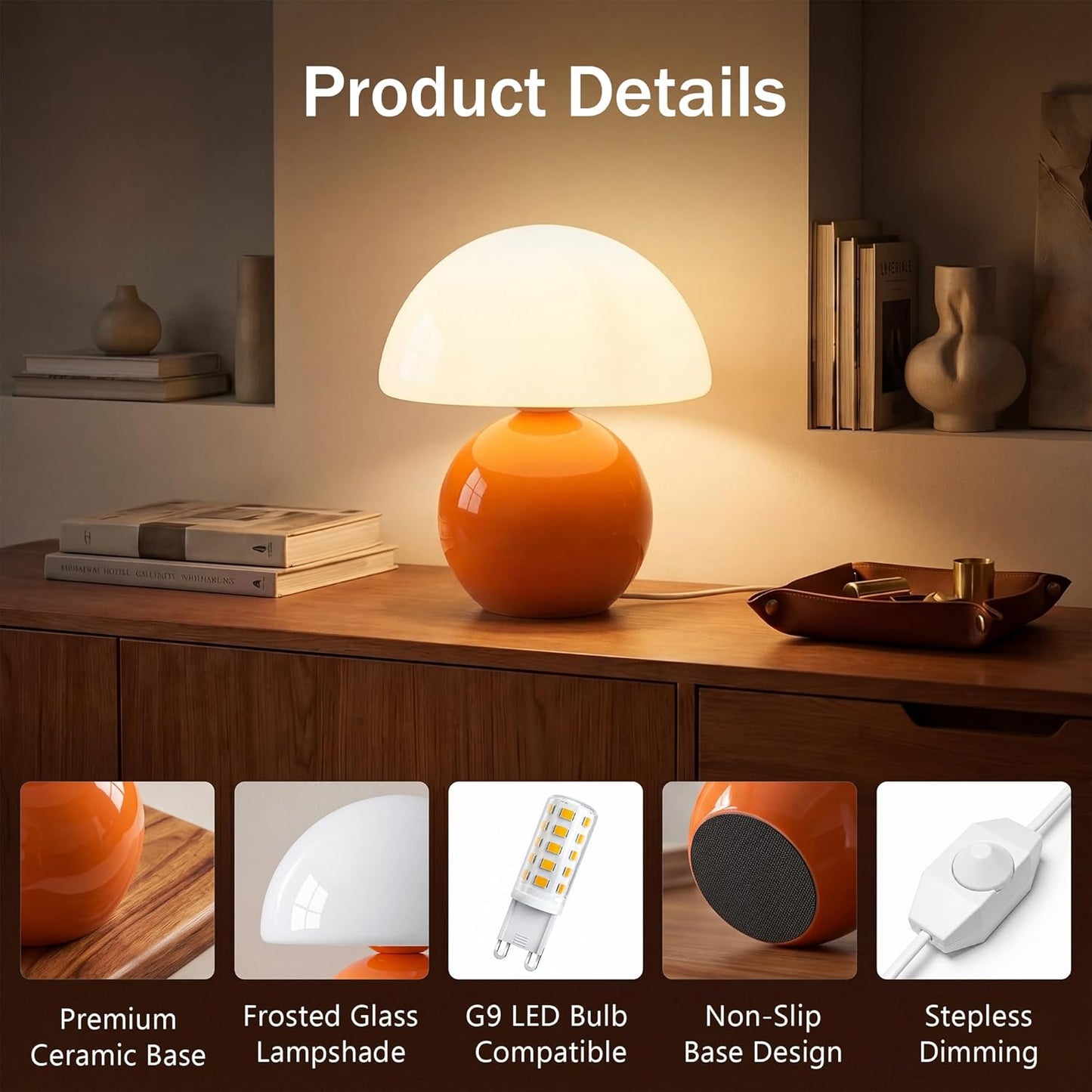 Mushroom Lamp Table Lamp for Bedroom, Desk Bedside Small Lamps for Living Room Night Stands, Mushroom Decor Cute Mini Modern Mid Century Lamps(Orange)