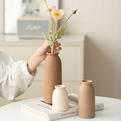 Set of 3 Small Ceramic Vases for Home Decor & Table Centrepieces, Rustic Farmhouse Style, Mini Decorative Flower Vases (Earth Tone M)