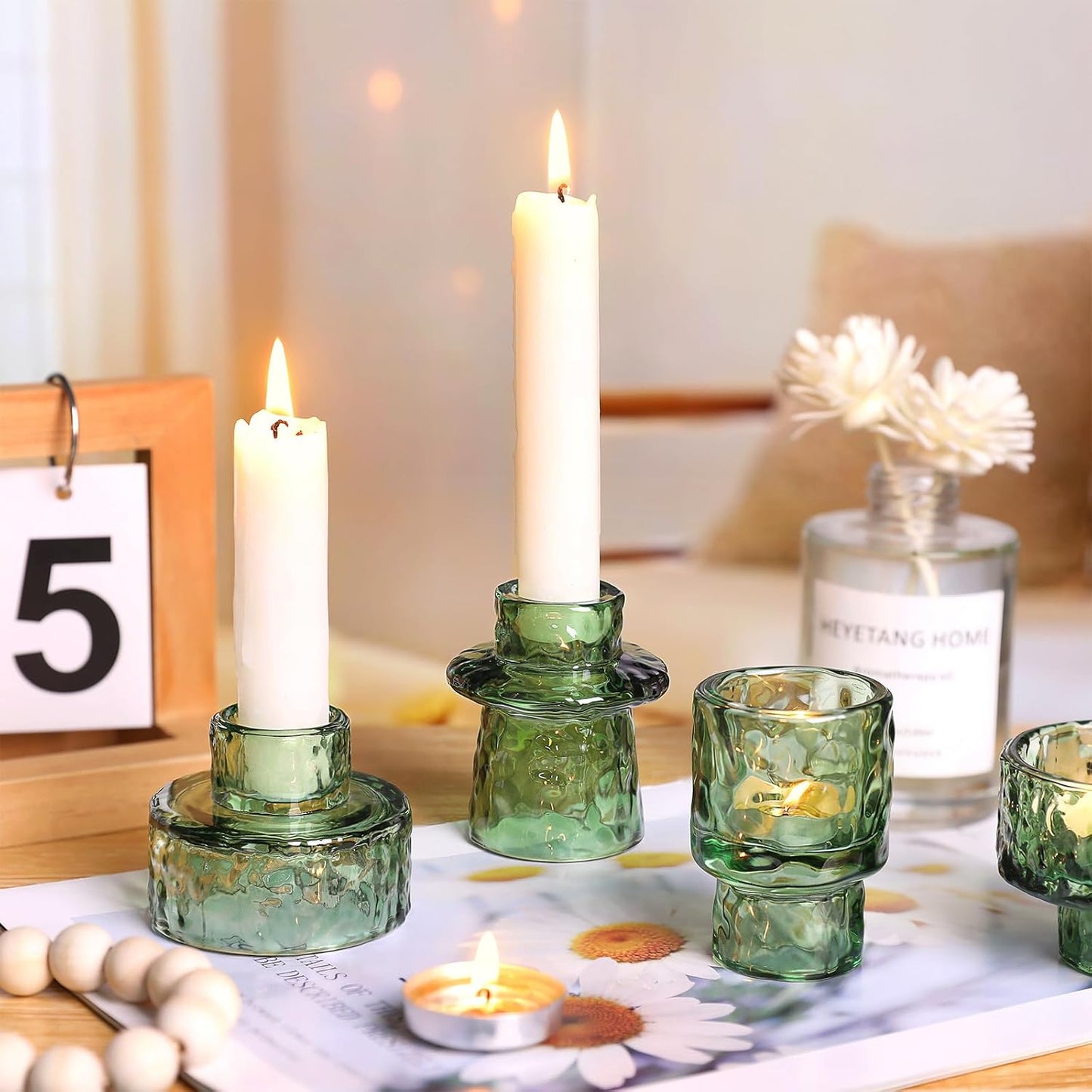 6 Packs Taper Candle Holders, Green Glass Candlestick Holders, Candle Sticks Tea Light Candle Holders for Dinner Wedding Christmas Table Centrepiece