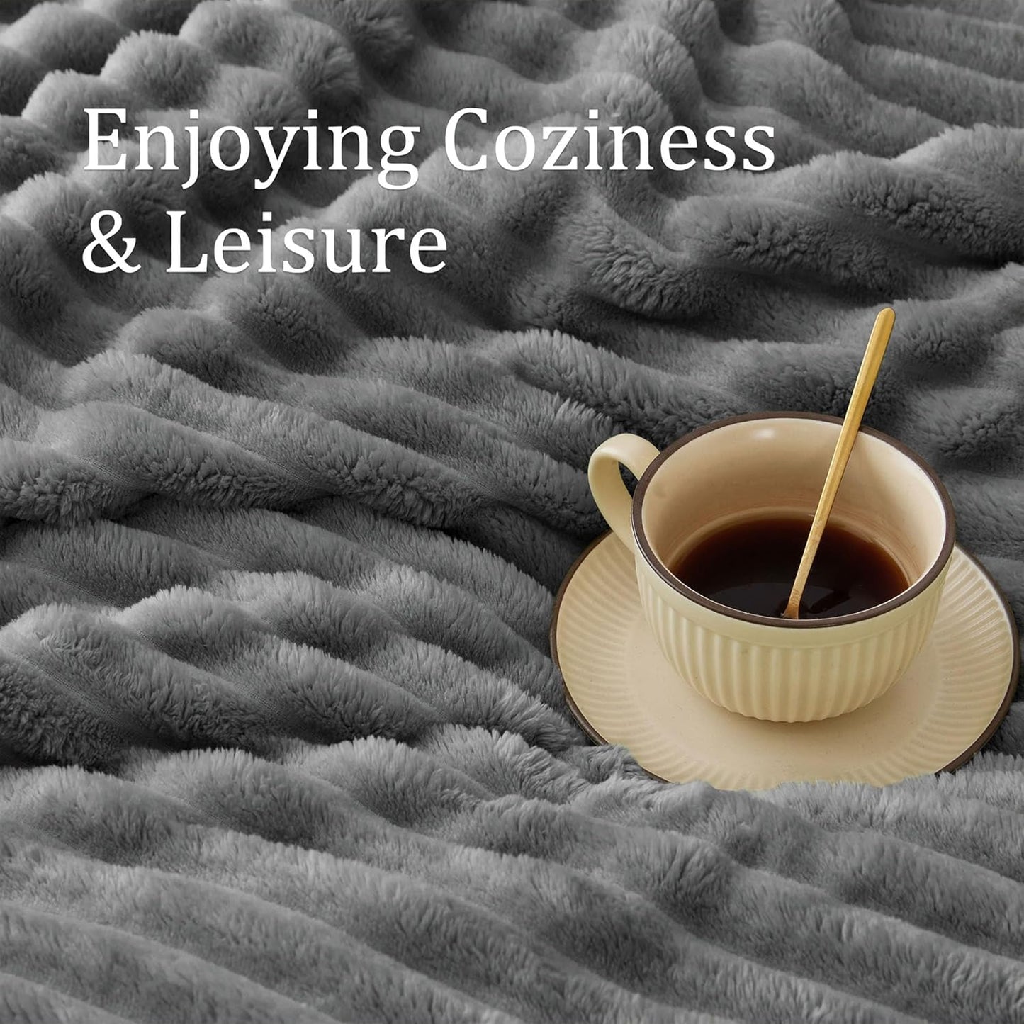 Fluffy Fleece Throw Blanket, Striped Decorative Soft Warm Gift for Sofa Bed Couch, Twin Size, Grey