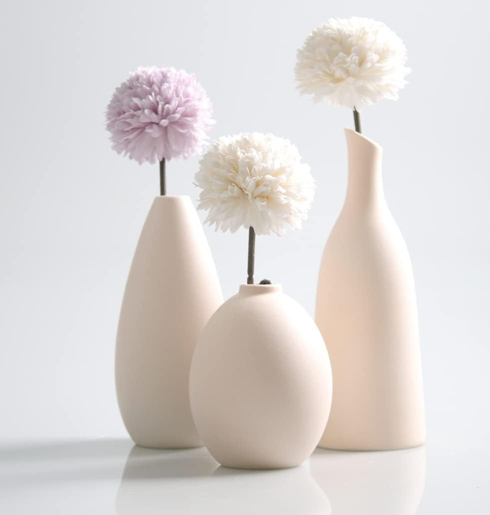 Set of 3 Small Ceramic Bud Vases for Home Decor & Table Centerpieces, Rustic Farmhouse Style Flower Vases, Mini Decorative Vase for Single Flowers, Matt Beige