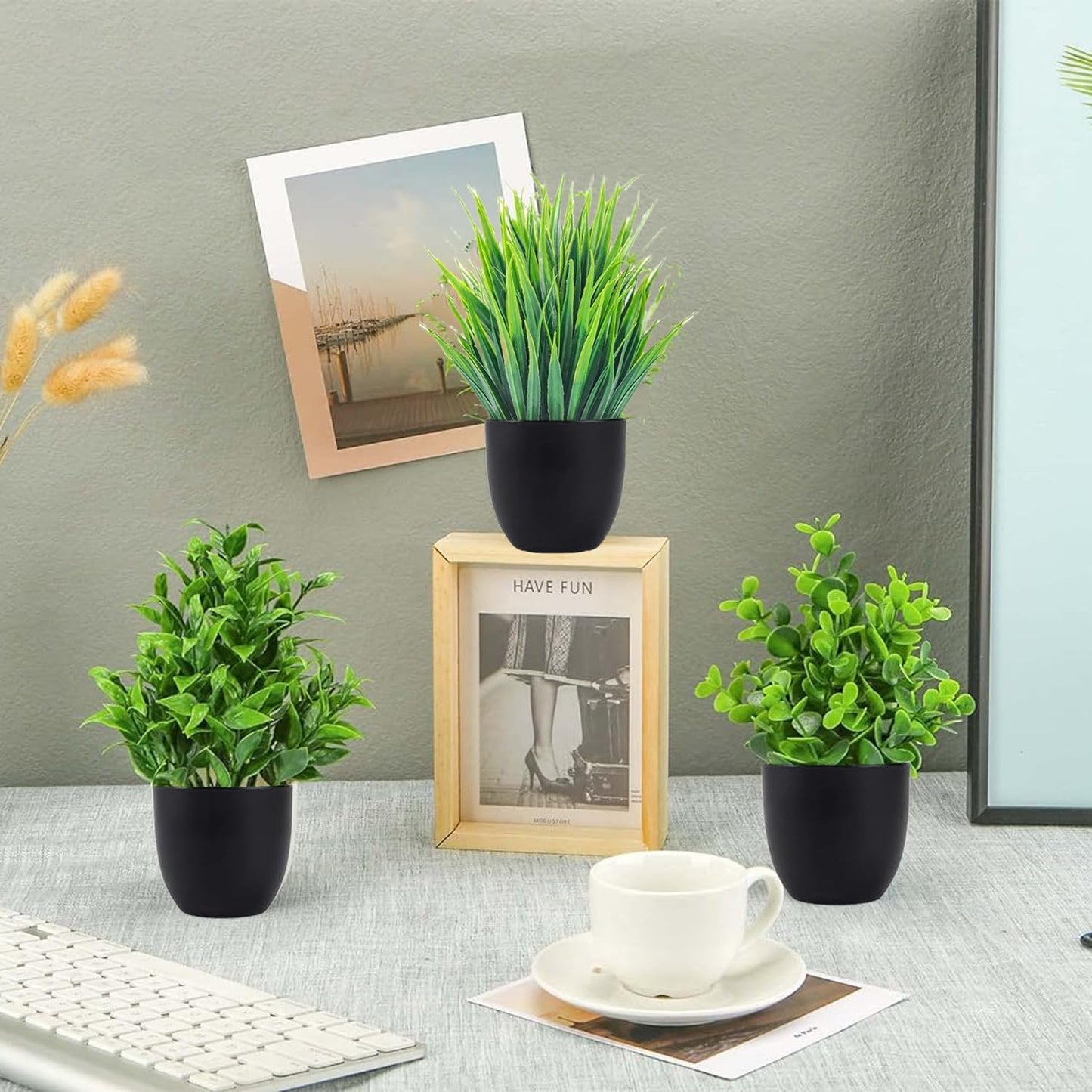 4Pcs Fake Plants Pots, Small Artificial Plants Indoor Outdoor, Desk Plants Mini Plant Pots for Desktop, Bathroom, Home Decor, 4 Different Shaped Plastic Plants
